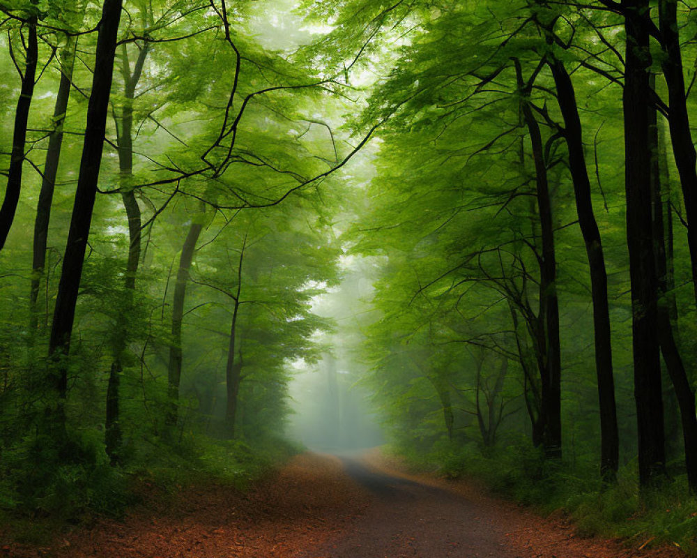 Tranquil forest path with tall green trees and misty sunlight ambiance
