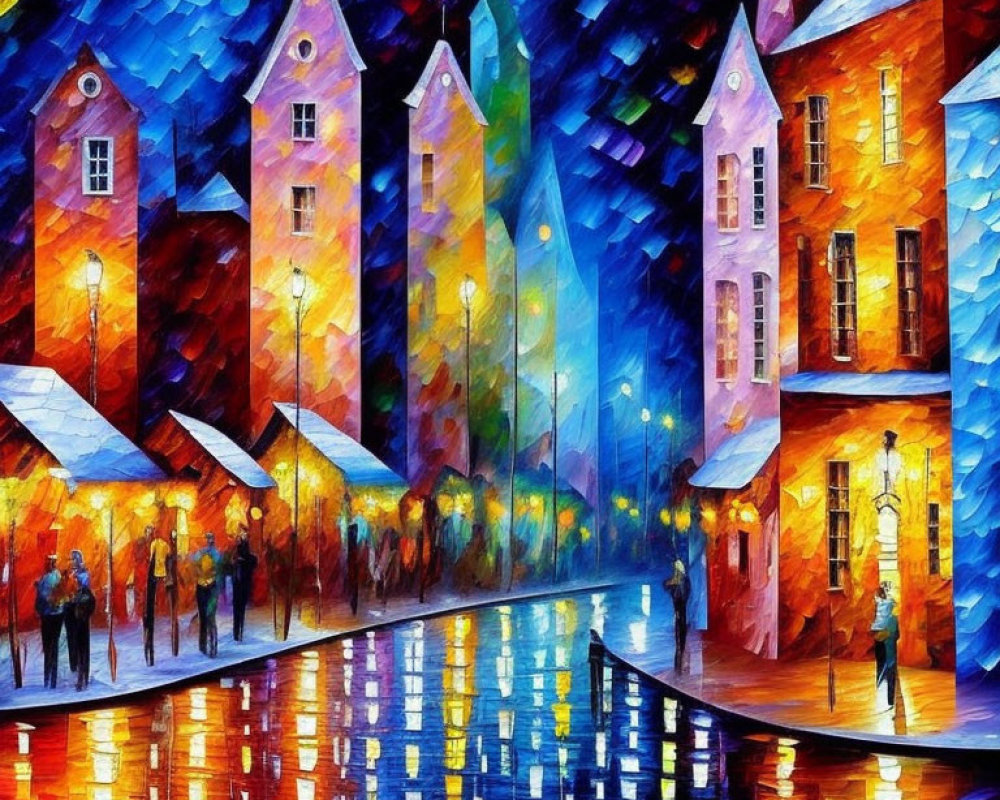 Vibrant painting of bustling night street scene with colorful houses and people walking.