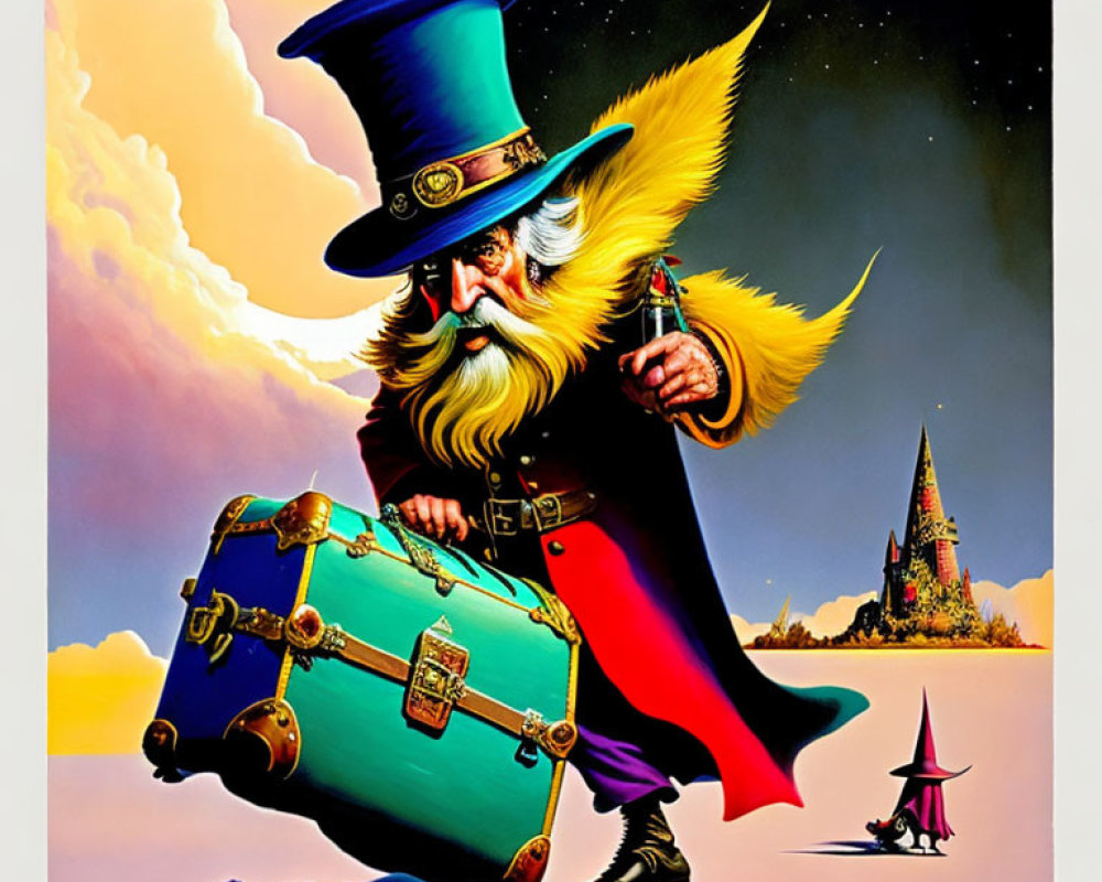 Whimsical wizard with blue top hat and colorful suitcase in front of castle under gradient sky