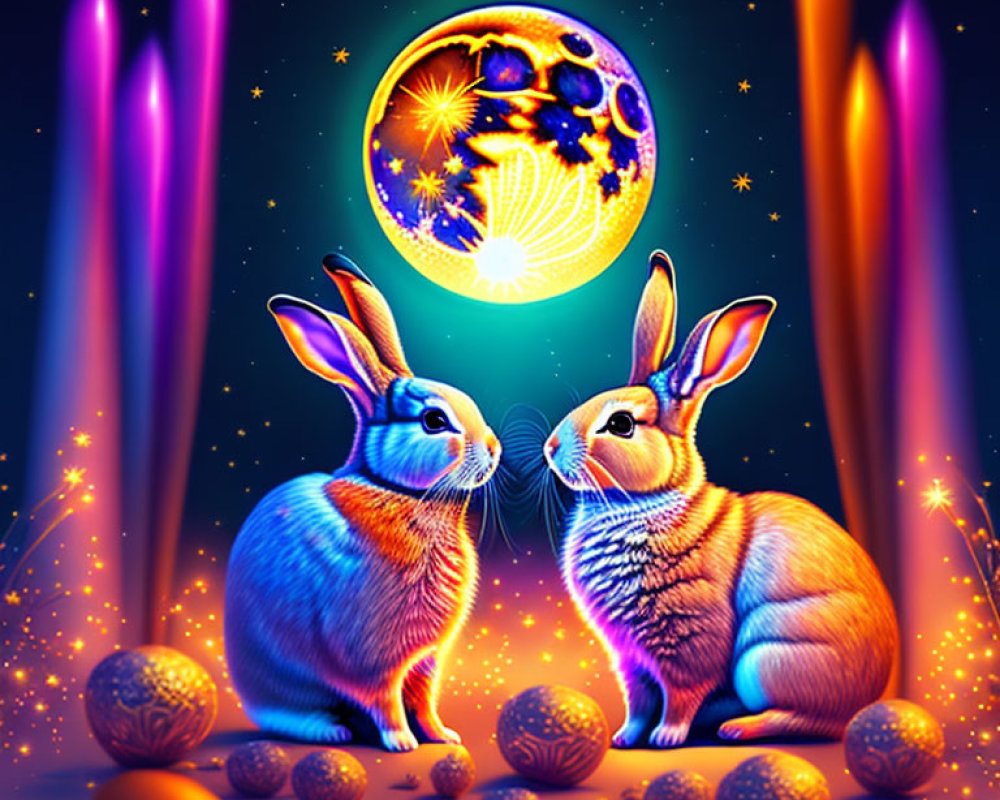 Rabbits under glowing moon with colorful lights & mystical orbs