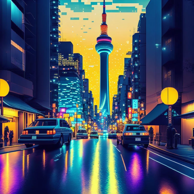 Futuristic city street at twilight with neon lights and towering spire