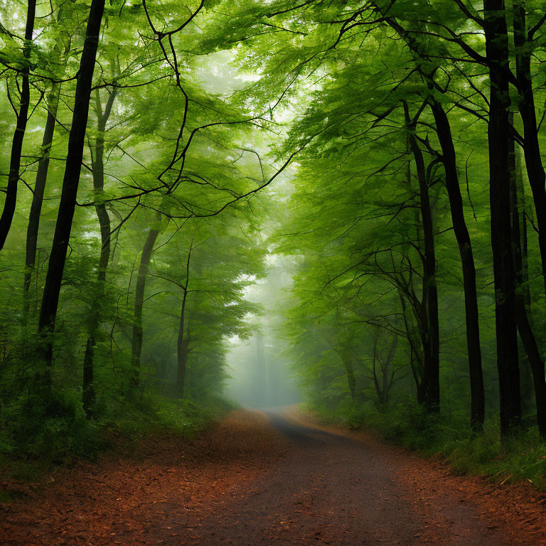 Tranquil forest path with tall green trees and misty sunlight ambiance