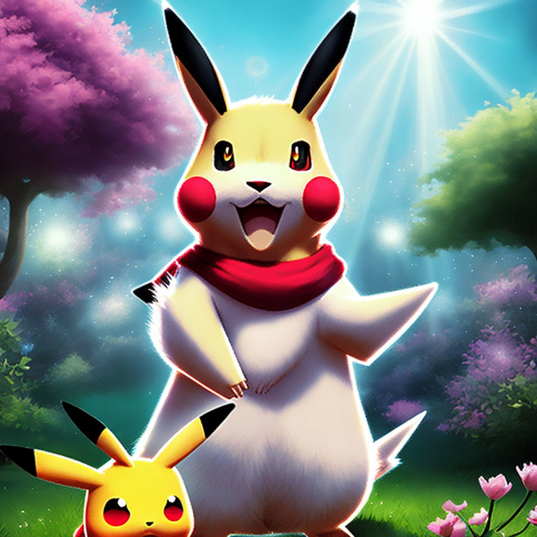 Two Pikachu in vibrant landscape with red scarf, one larger, one smaller, under sunlit sky
