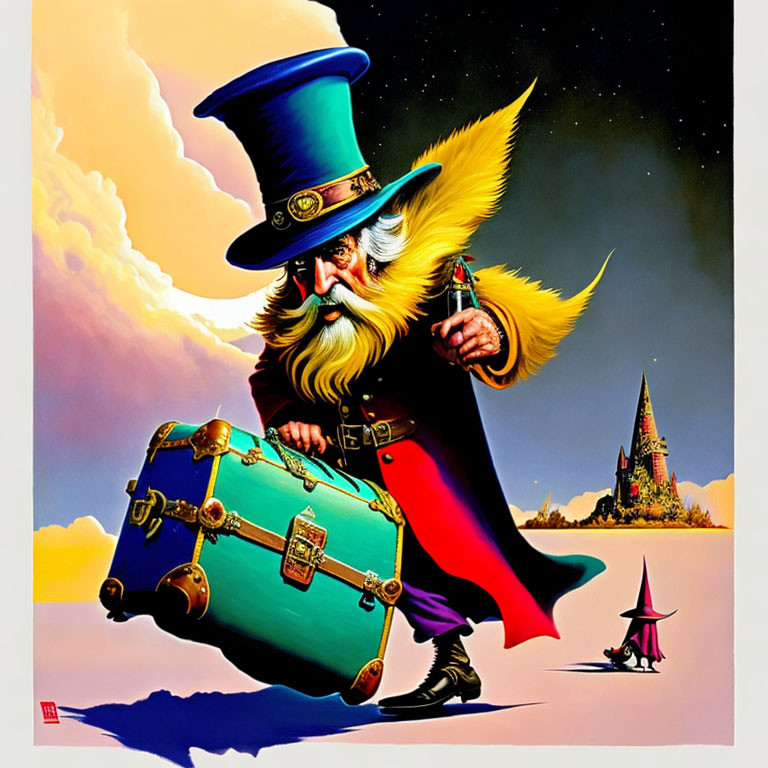 Whimsical wizard with blue top hat and colorful suitcase in front of castle under gradient sky