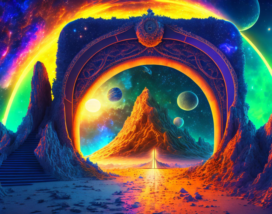 Colorful cosmic landscape with arch gateway, mountain peak, planets, stars, and pathway.