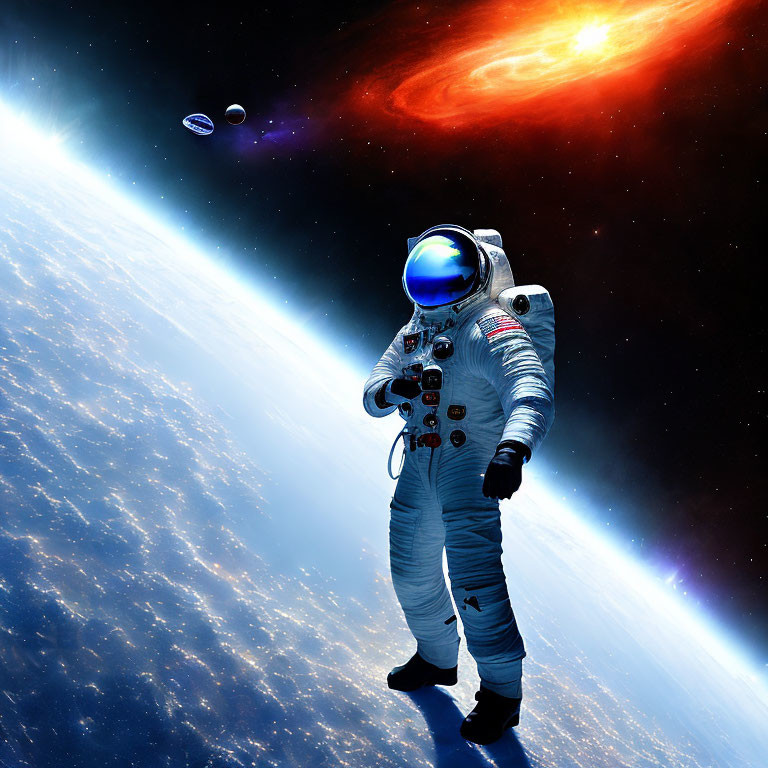 Astronaut in space suit floating above Earth with nebula and planets.