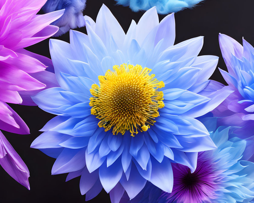 Colorful Digital Artwork Featuring Blue and Purple Flowers on Dark Background