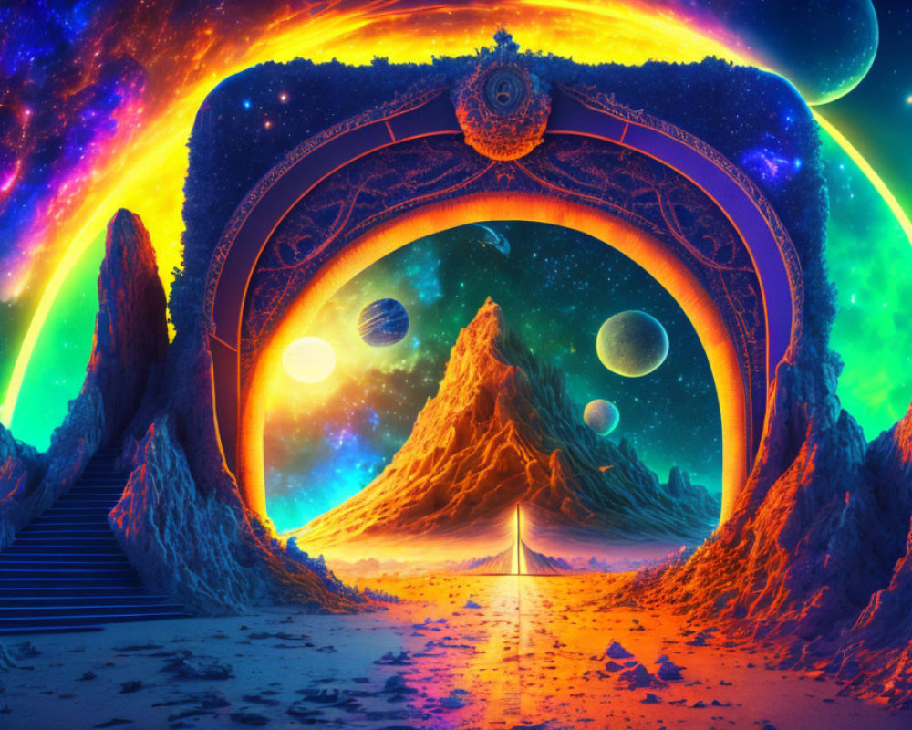 Colorful cosmic landscape with arch gateway, mountain peak, planets, stars, and pathway.