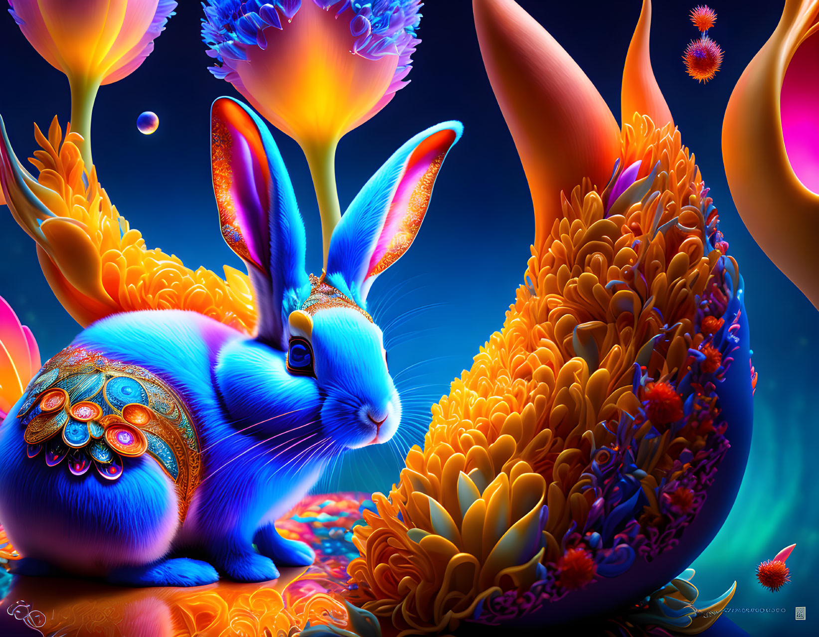Colorful Digital Art: Luminous Blue Rabbit Amid Abstract Flora