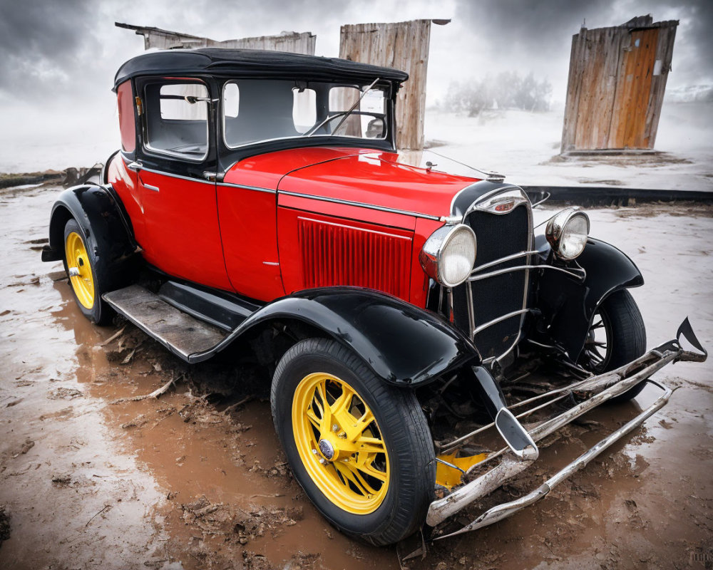 Vintage Red and Black Car with Yellow-Spoked Wheels in Foggy Setting