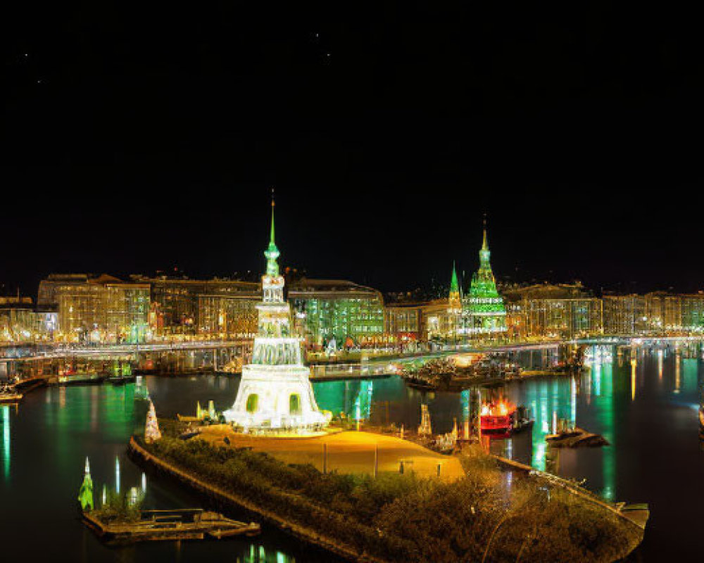 Panoramic night cityscape with illuminated buildings and river reflection