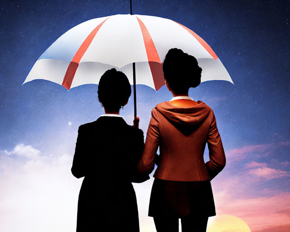 Silhouetted individuals under umbrella against dramatic sky