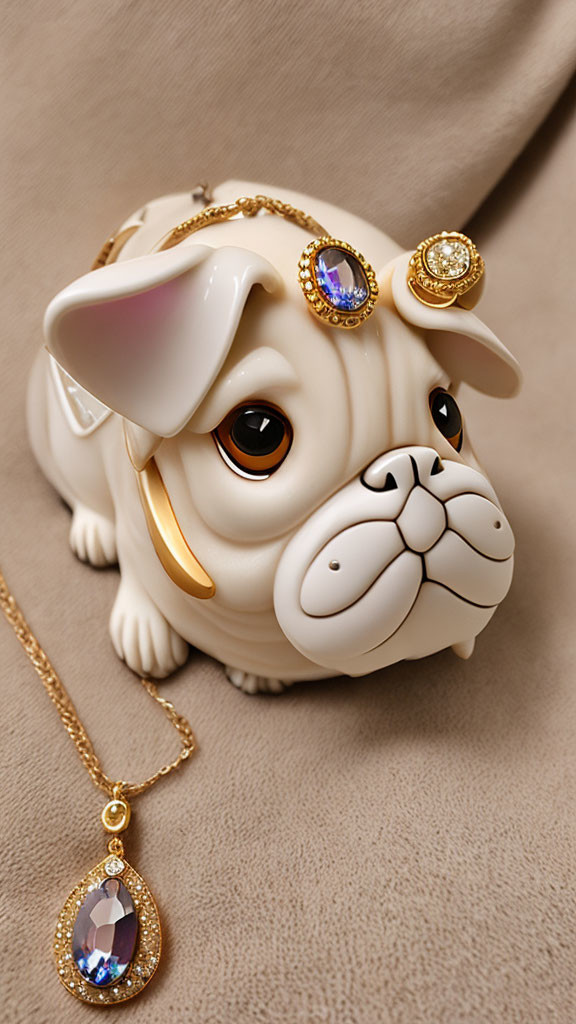 Porcelain Bulldog Purse with Gold and Gemstone Accents & Pendant Necklace