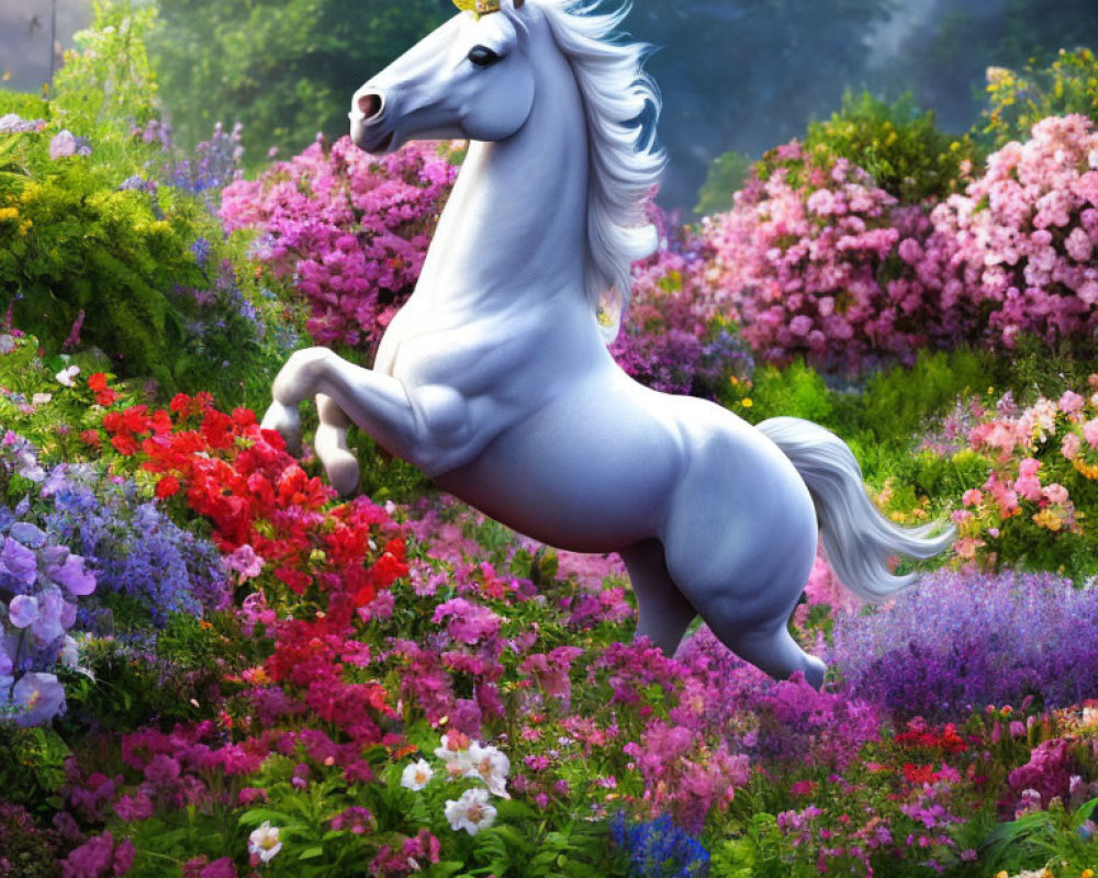 White unicorn with golden horn in colorful flower garden