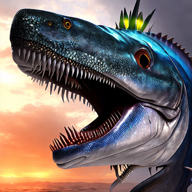 Fantastical fish-dinosaur hybrid in sunset setting