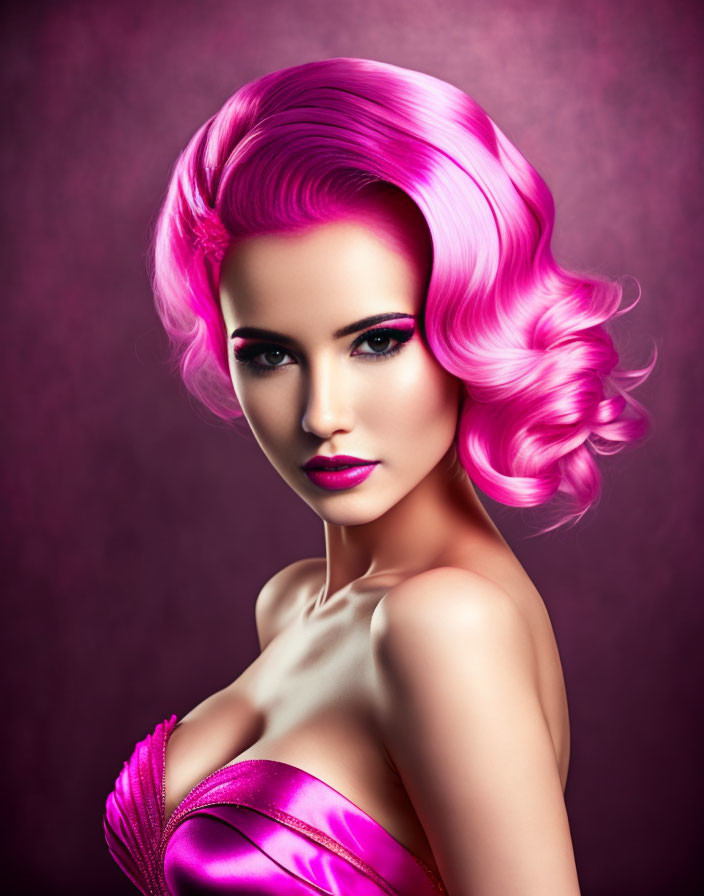Vibrant Pink Hair Woman in Glossy Pink Outfit on Purple Background