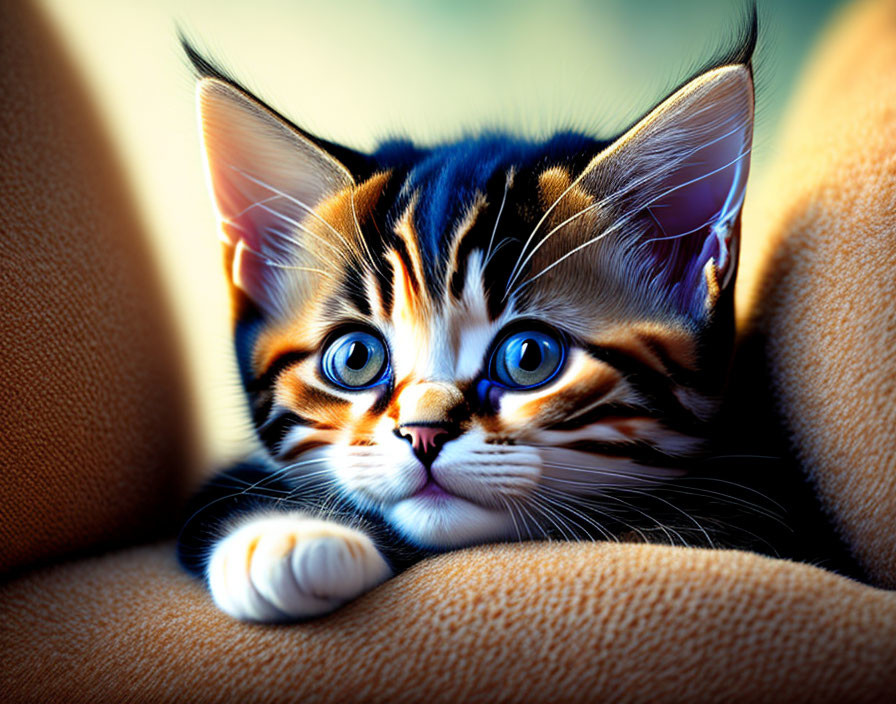 Tabby kitten with blue eyes on brown blanket gazes at viewer