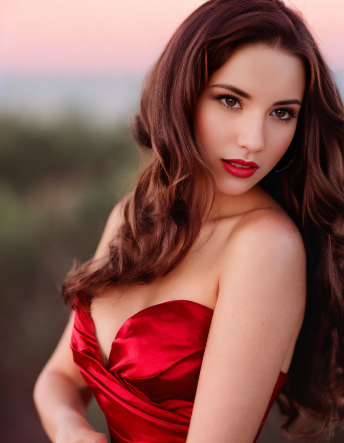 Long-haired woman in red dress against blurred background