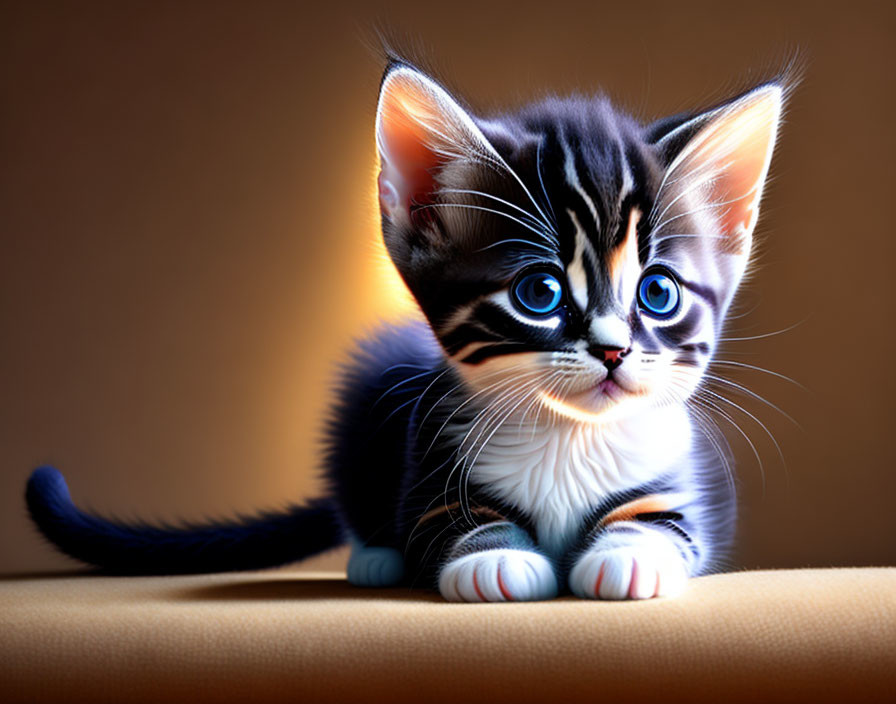 Digitally enhanced image: Kitten with striking blue eyes, black and white fur on warm brown backdrop