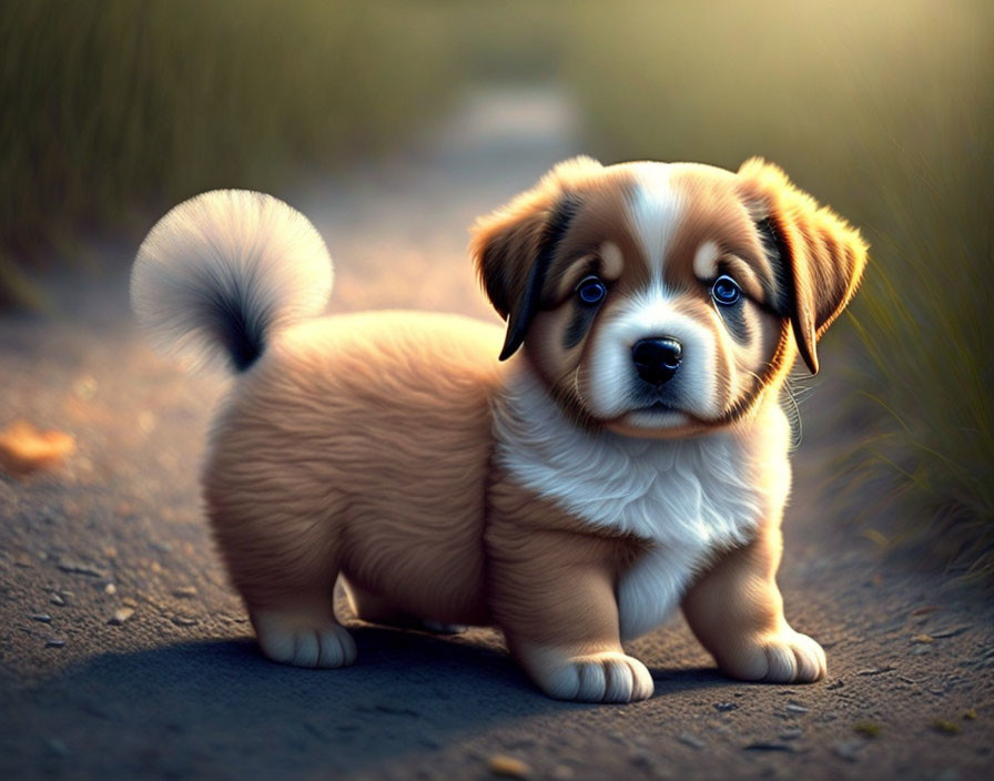 Fluffy brown and white puppy in warm sunlight