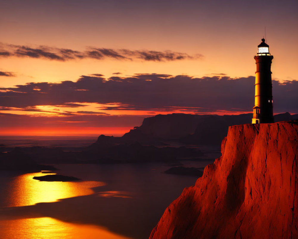 Lighthouse on Steep Cliff at Sunset Over Calm Sea