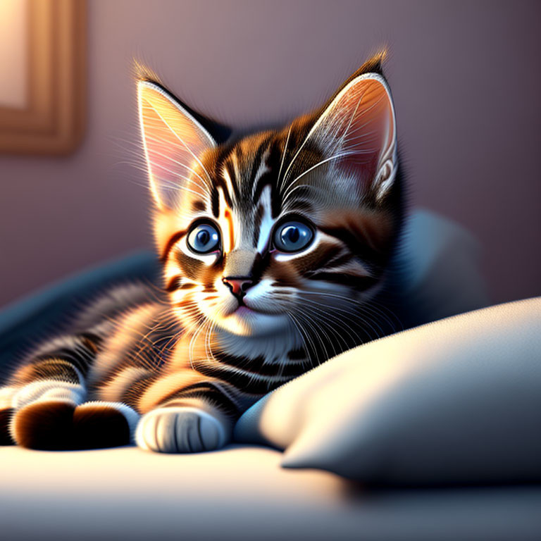 Detailed image of animated kitten with tiger-like stripes, large eyes, and soft fur on a pillow