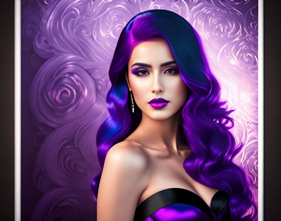 Vibrant Purple Hair Woman Illustration on Swirly Background
