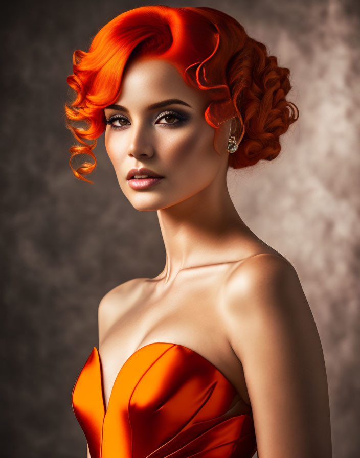 Vibrant red-haired woman in elegant curls and red dress poses against textured backdrop