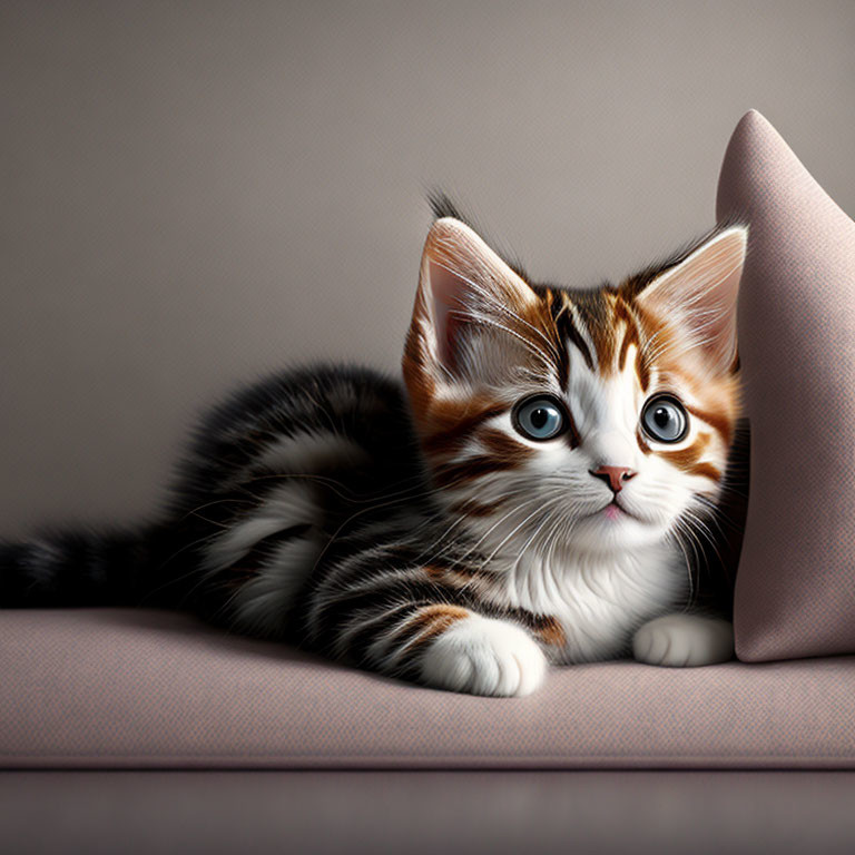 Brown and White Striped Kitten Peeking from Pillow on Couch