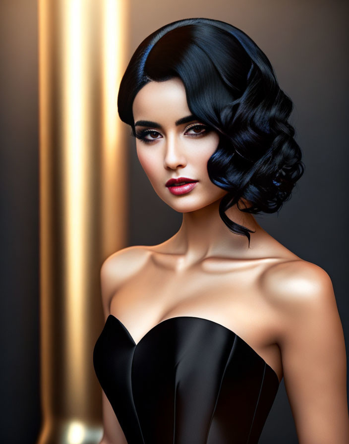 Vintage Wave Hairstyle & Red Lipstick on Elegant Woman in Black Evening Gown