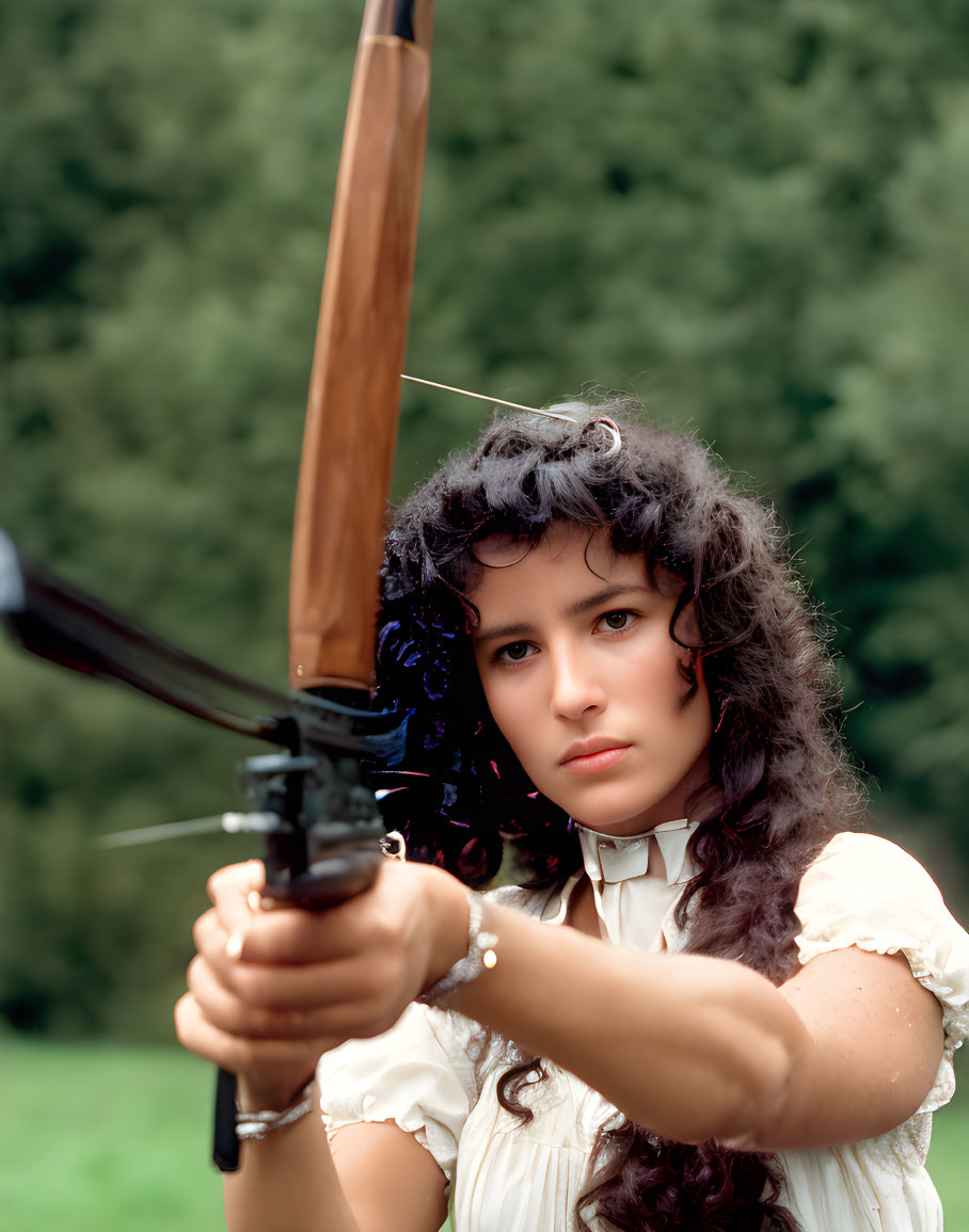 Curly-Haired Woman in Vintage Blouse Aiming Crossbow