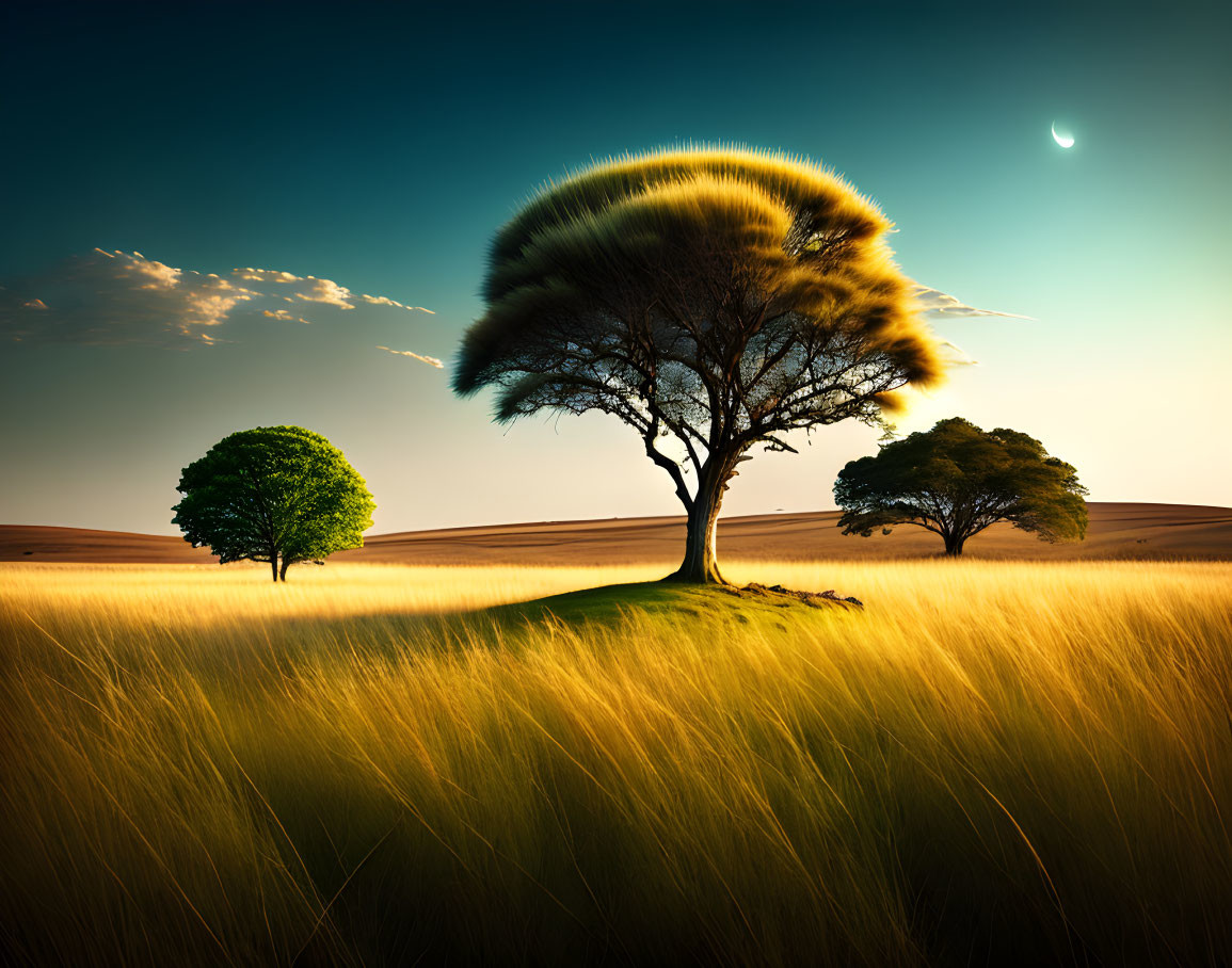 Tranquil landscape with windswept tree, golden grasses, rolling hills, and crescent