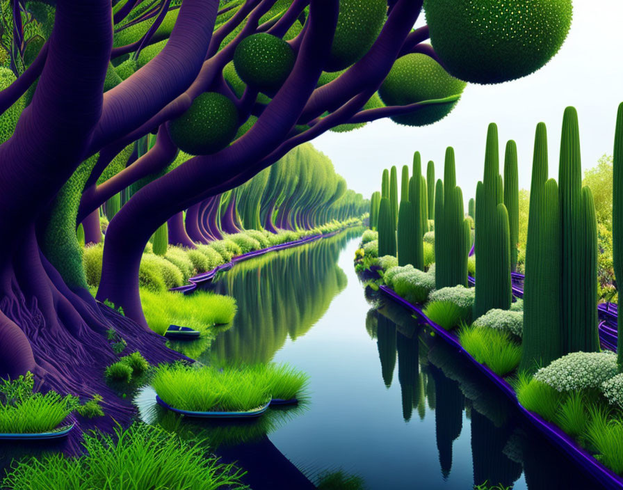Vibrant surreal landscape with purple trees and serene river