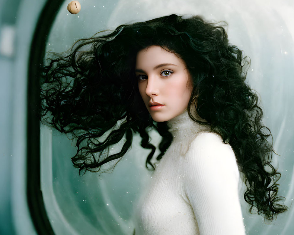 Curly-Haired Woman in White Sweater Framed by Circular Window with Droplet