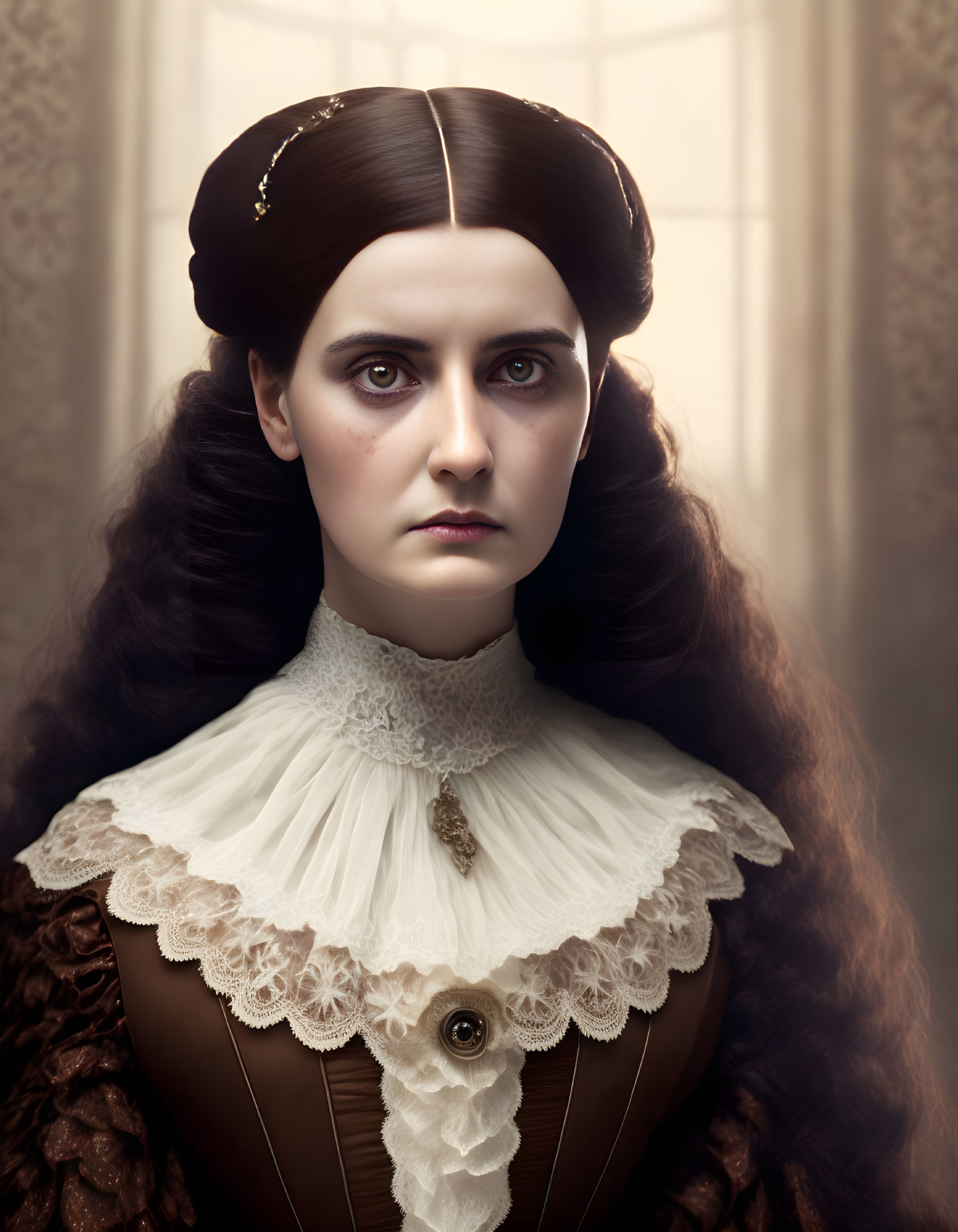 Victorian-era woman with pale skin and dark hair in ruffled collar dress