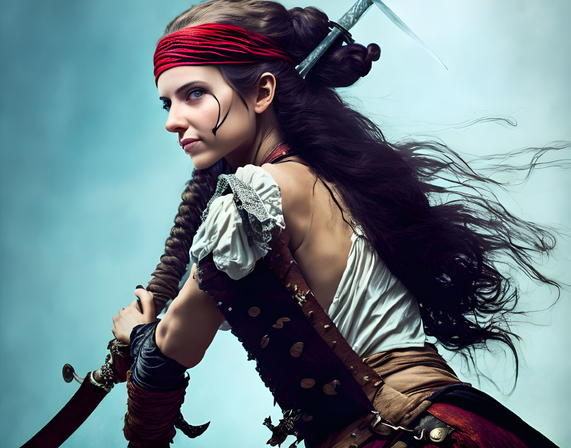 Pirate woman with dagger in red headband on blue background
