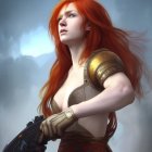 Fiery-Haired Warrior Woman in Intricate Armor Holding Sword