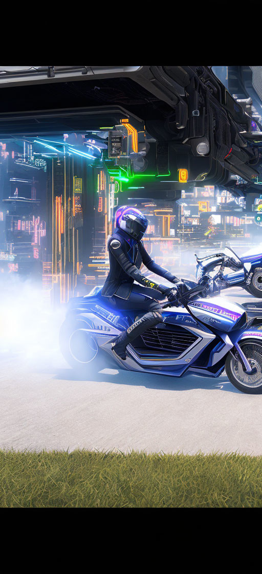 Futuristic police officer on high-tech motorcycle under hovering ship in neon-lit city