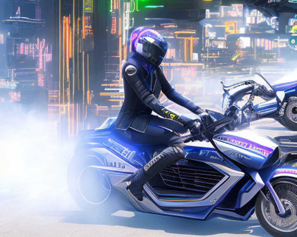 Futuristic police officer on high-tech motorcycle under hovering ship in neon-lit city