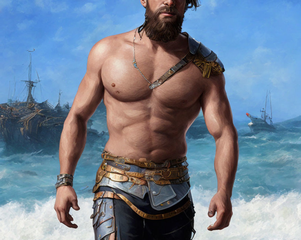 Muscular man in gladiator armor on shore with ships and sea in background