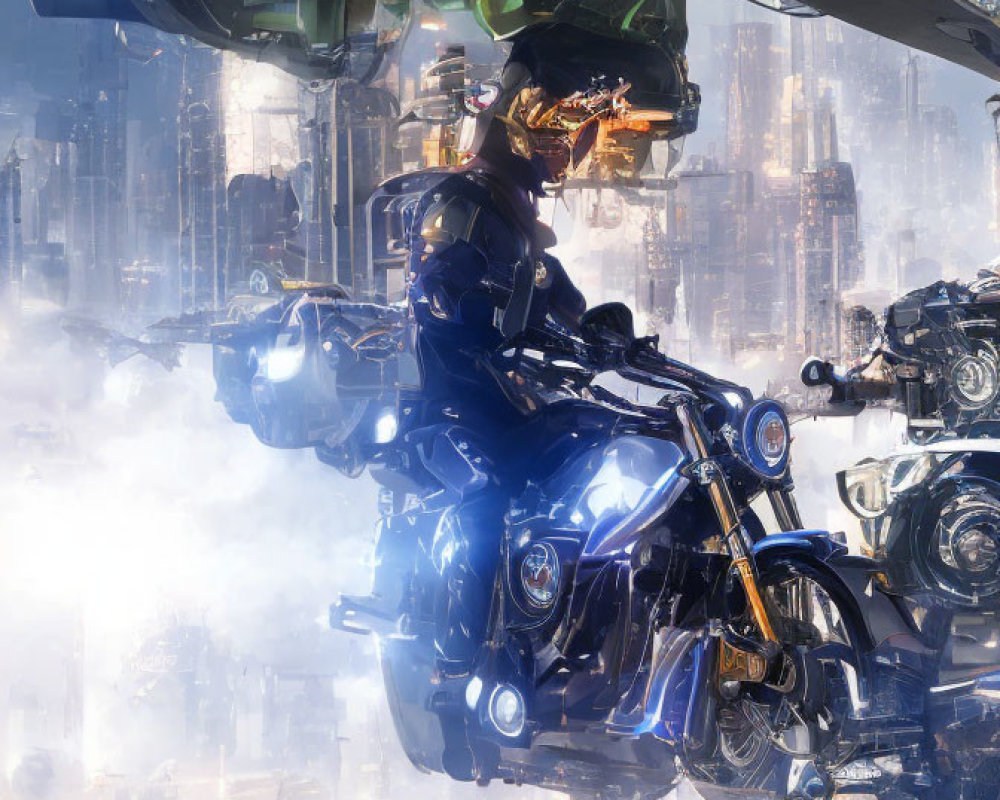 Futuristic motorcycles and riders hover over cityscape with bright lighting