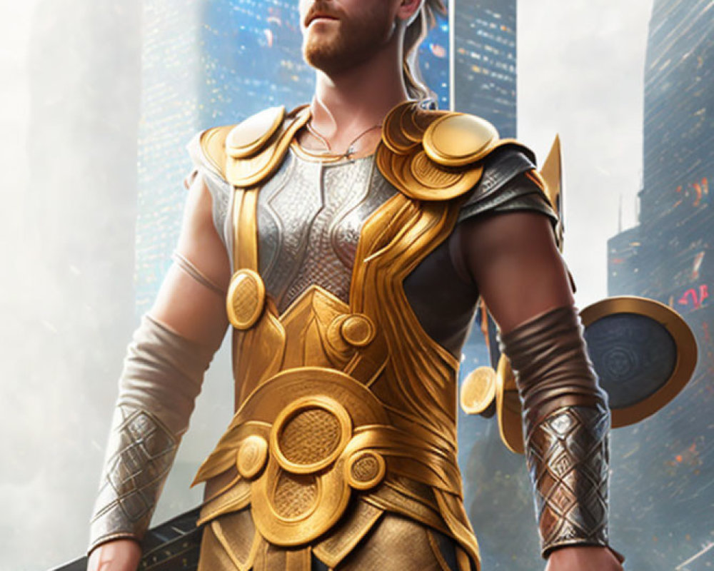 Blond male warrior in golden armor against cityscape