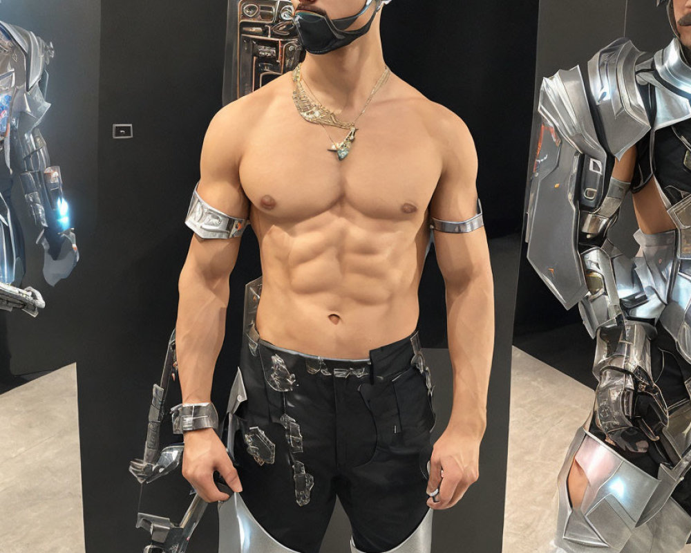 Muscular person in robotic costume with cybernetic arm and headset.