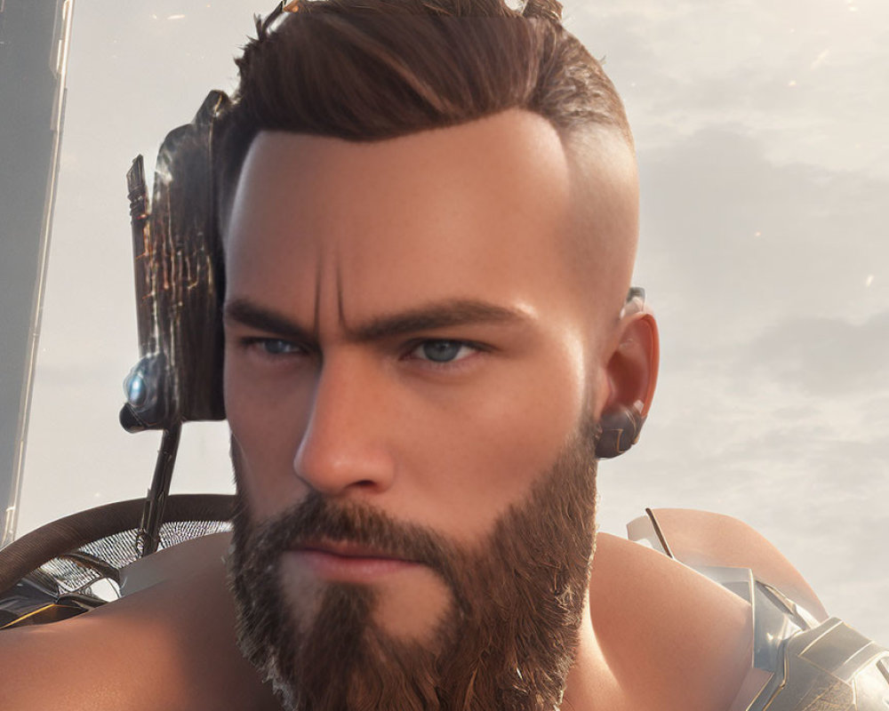 Man with Groomed Beard and Futuristic Armor in Digital Art
