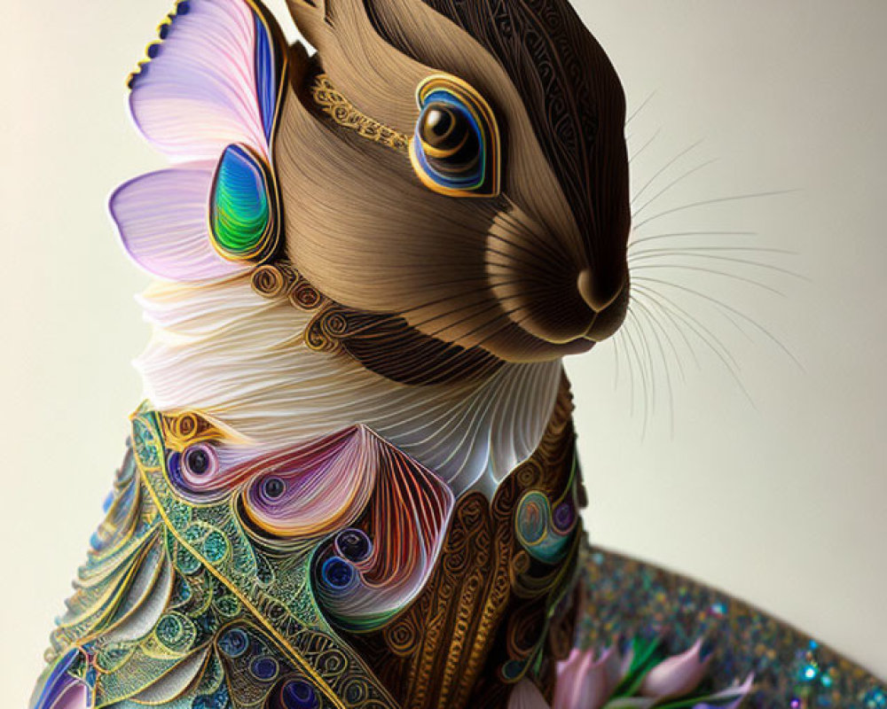 Detailed stylized rabbit artwork with intricate patterns and swirls on neutral background