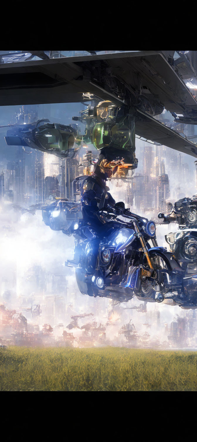Futuristic motorcycles and riders hover over cityscape with bright lighting