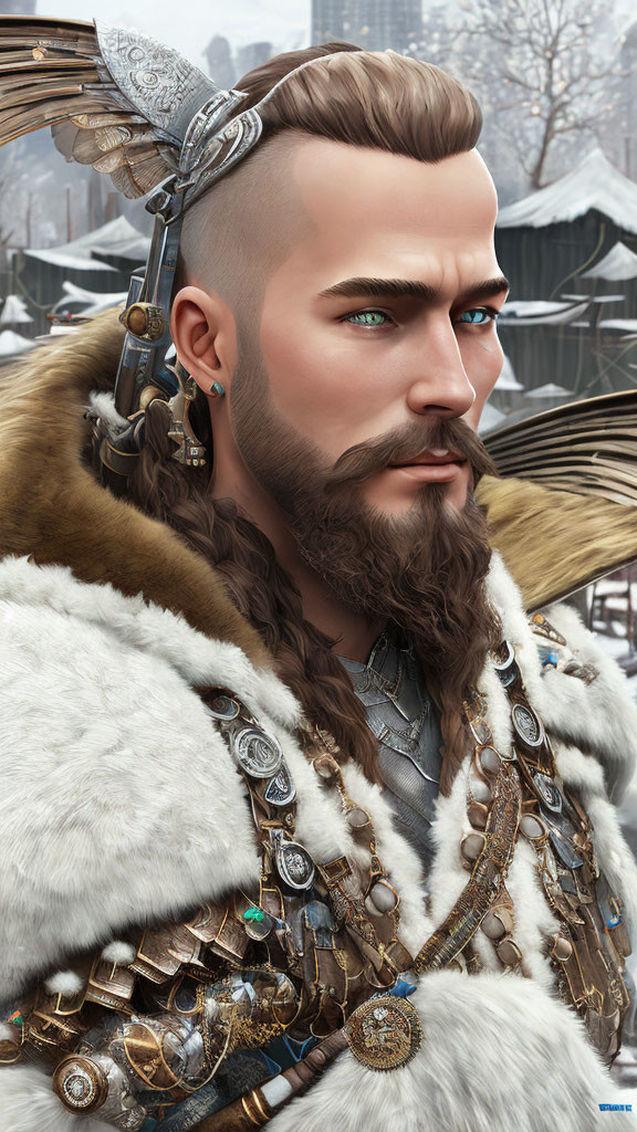 Bearded man in medieval armor with braided hair and jewelry in snowy landscape