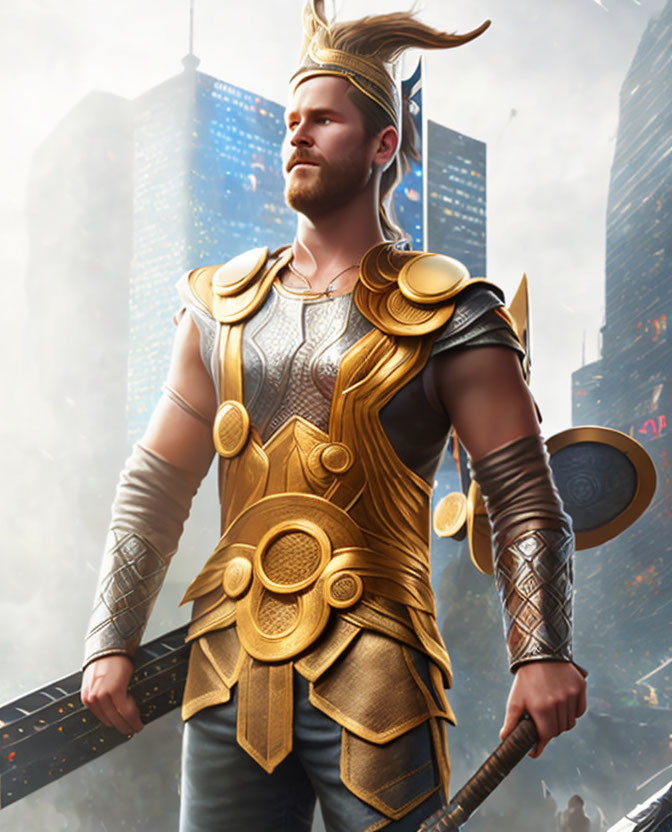 Blond male warrior in golden armor against cityscape