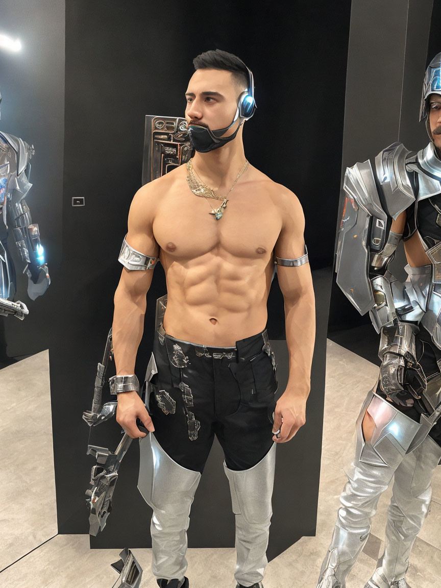Muscular person in robotic costume with cybernetic arm and headset.