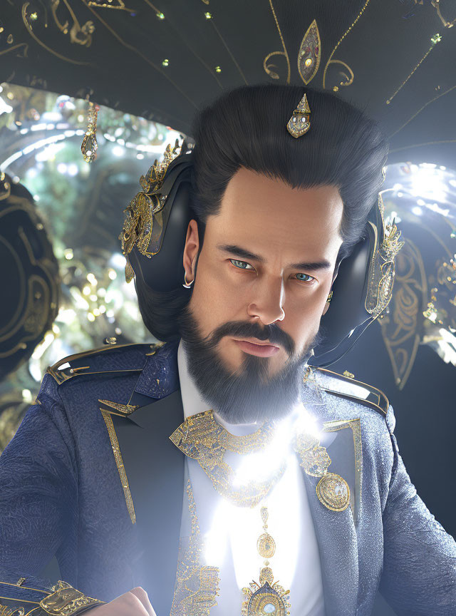 Illustration of bearded man in blue & gold military attire with glowing emblem